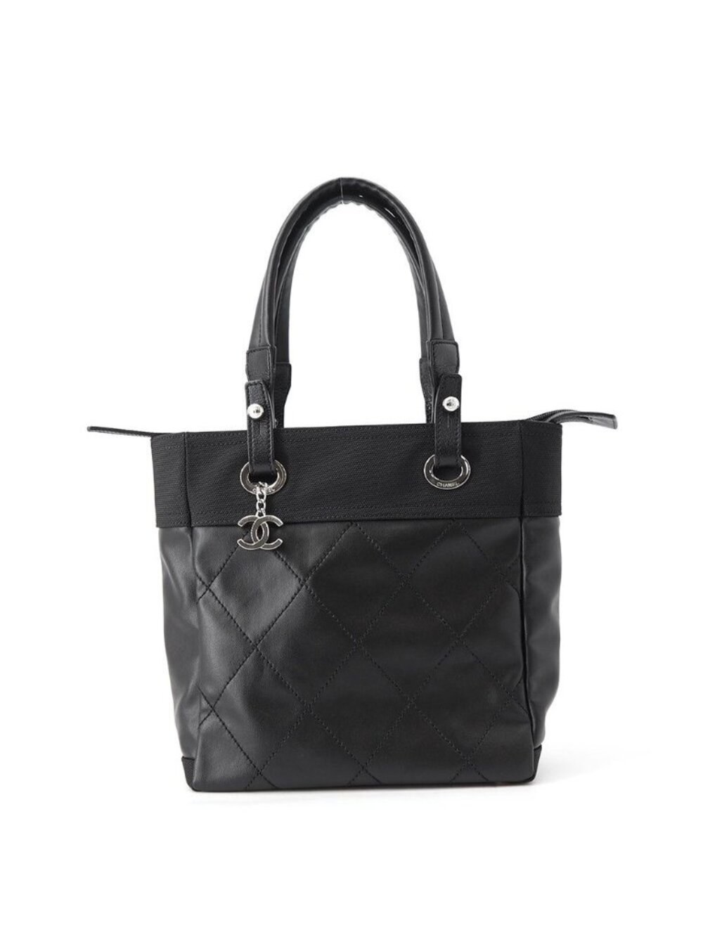 Chanel Tote Paris Biarritz PM Quilted CC Logo Small Leather Canvas Black